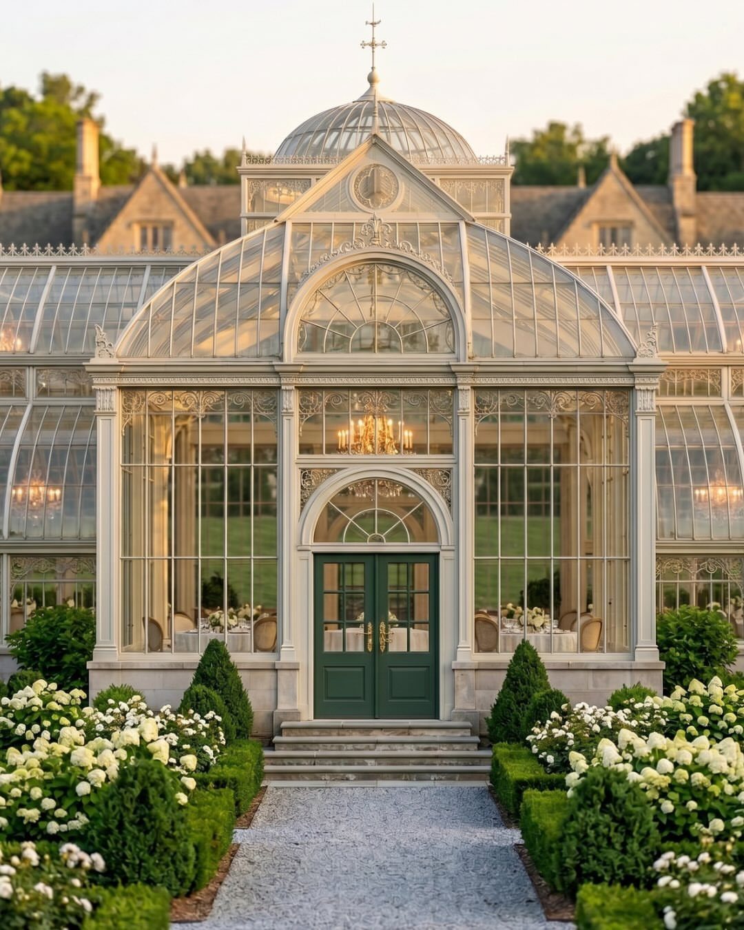 Ornate glass conservatory with white framing, green doors, and white hydrangea gardens.