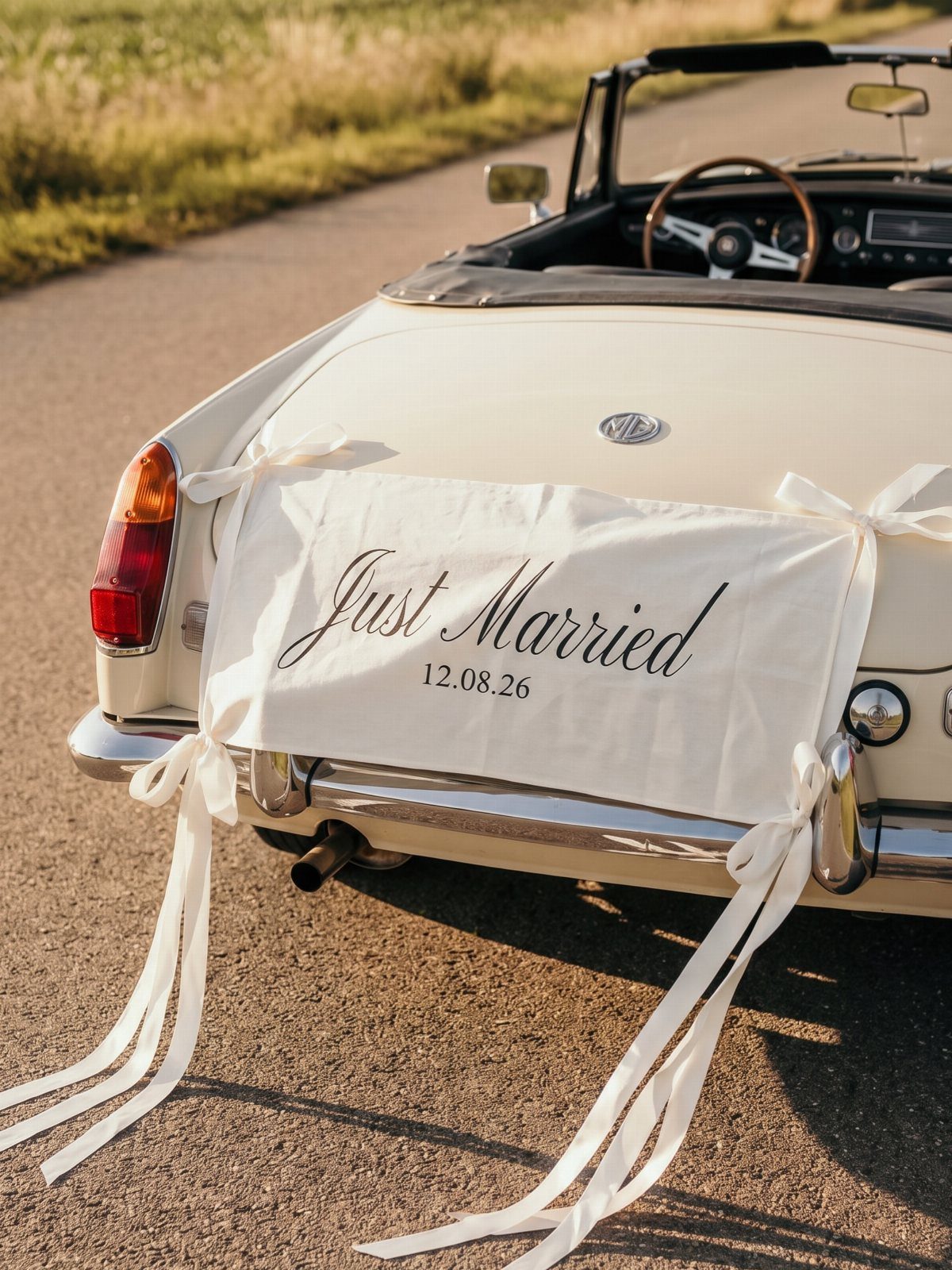 Rear of a cream vintage convertible with a Just Married banner and ribbons.