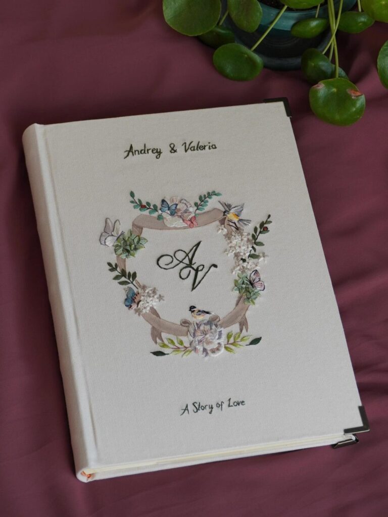 White linen photo album with floral wreath and names on burgundy background