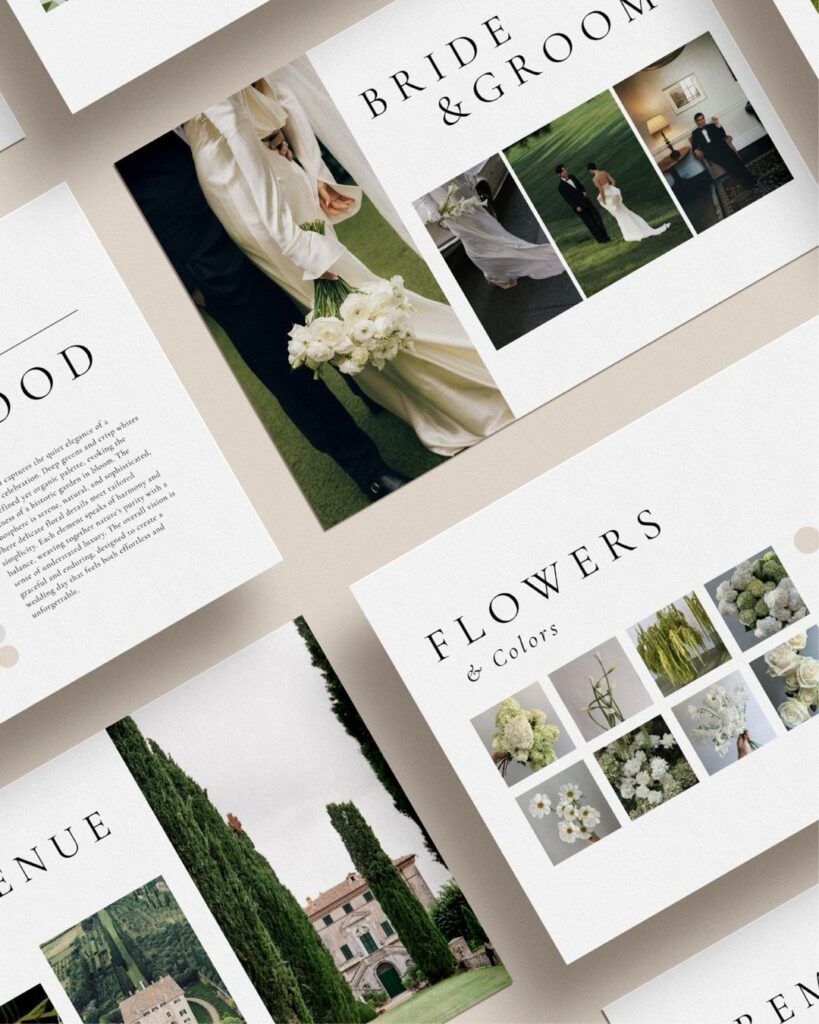 Wedding vision moodboard pages with photos of a couple, flowers, and a venue.