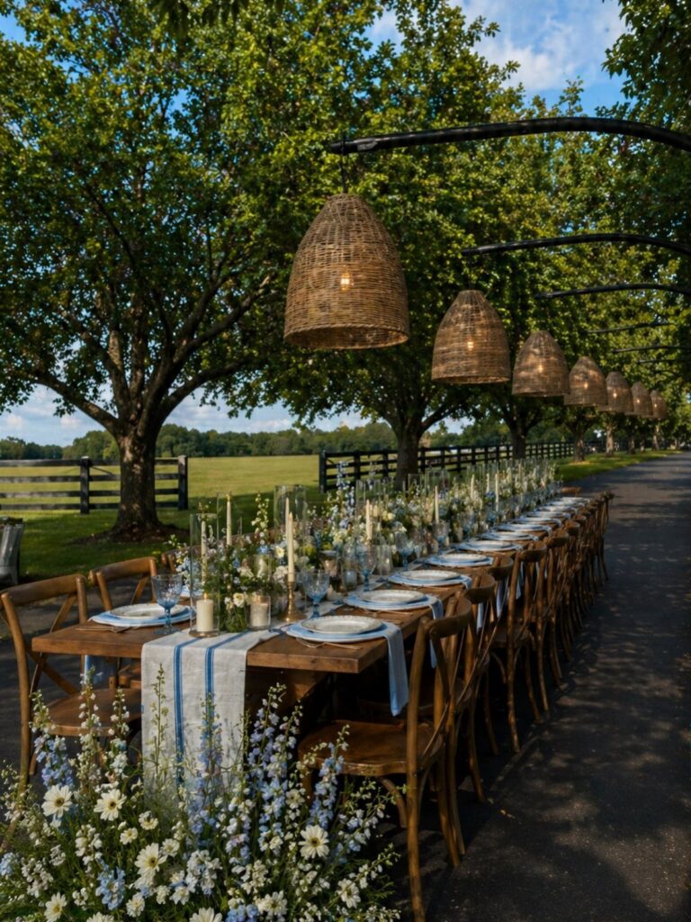Long wooden dining table set outdoors with woven pendant lights and floral arrangements