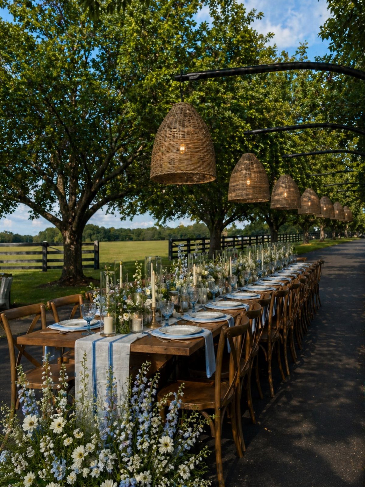 Long wooden dining table set outdoors with woven pendant lights and floral arrangements