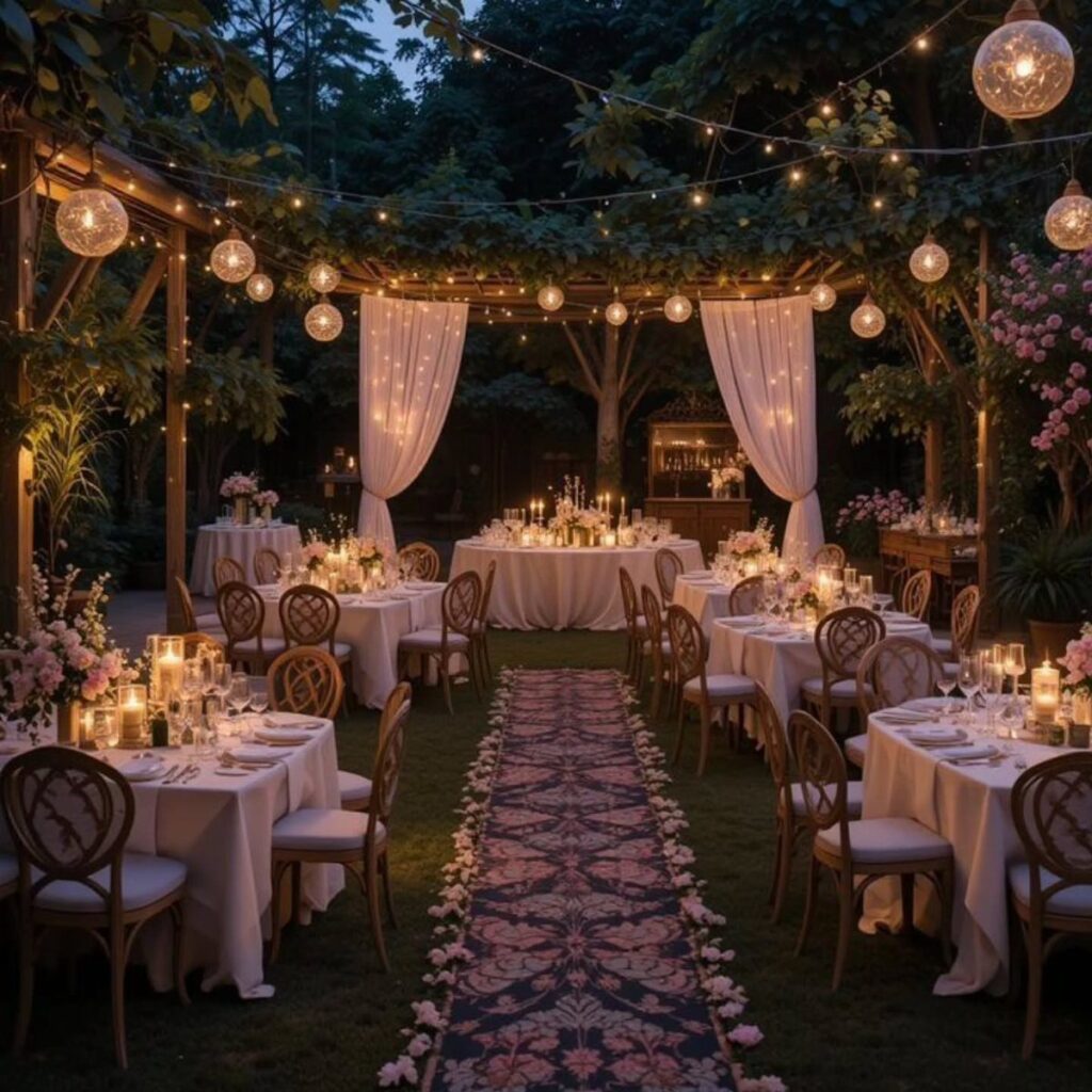 Elegant backyard wedding dinner setup with white tables, gold chairs, and warm string lights.