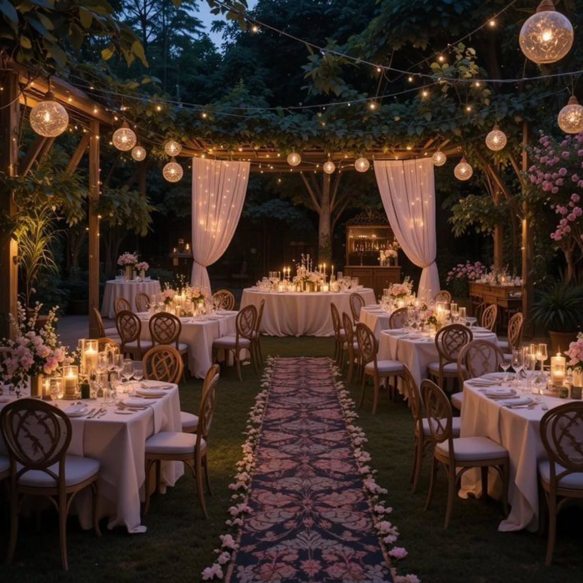 Elegant backyard wedding dinner setup with white tables, gold chairs, and warm string lights.