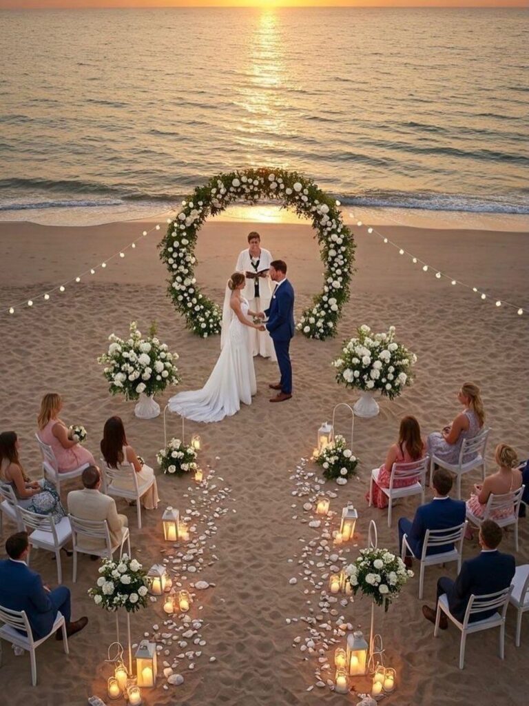 Wedding ceremony on a beach with a circular floral arch at sunset