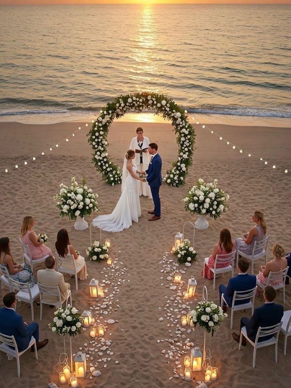 Wedding ceremony on a beach with a circular floral arch at sunset