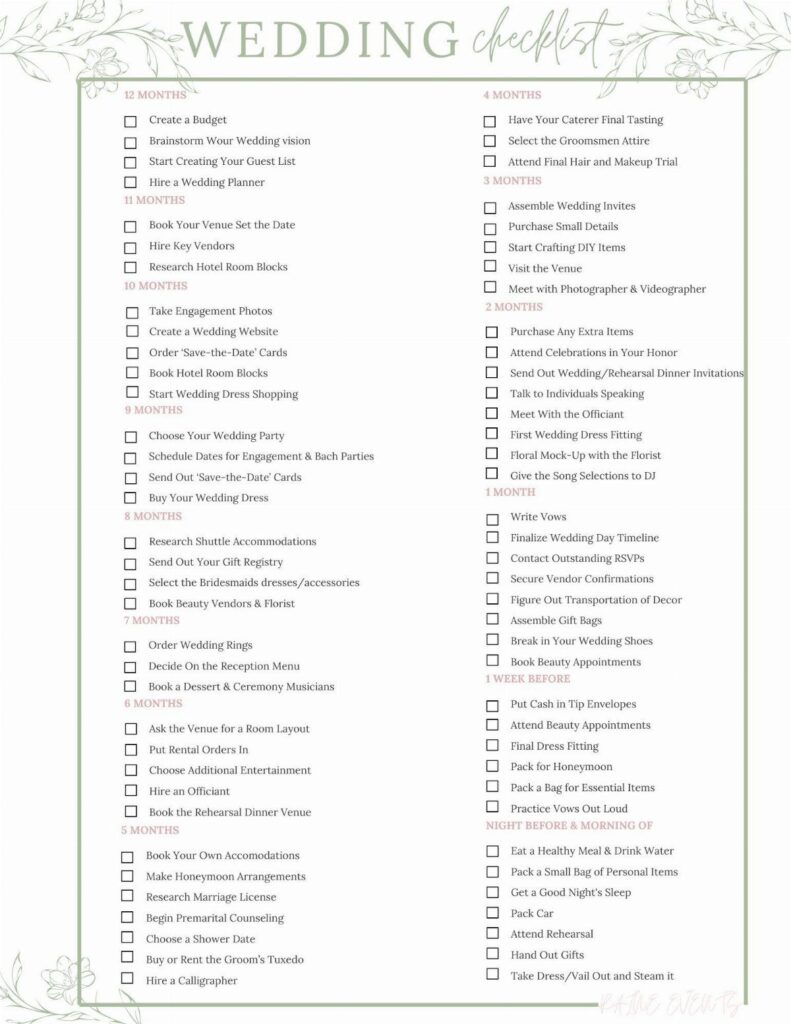 Wedding checklist printable with floral accents and organized task lists for planning.