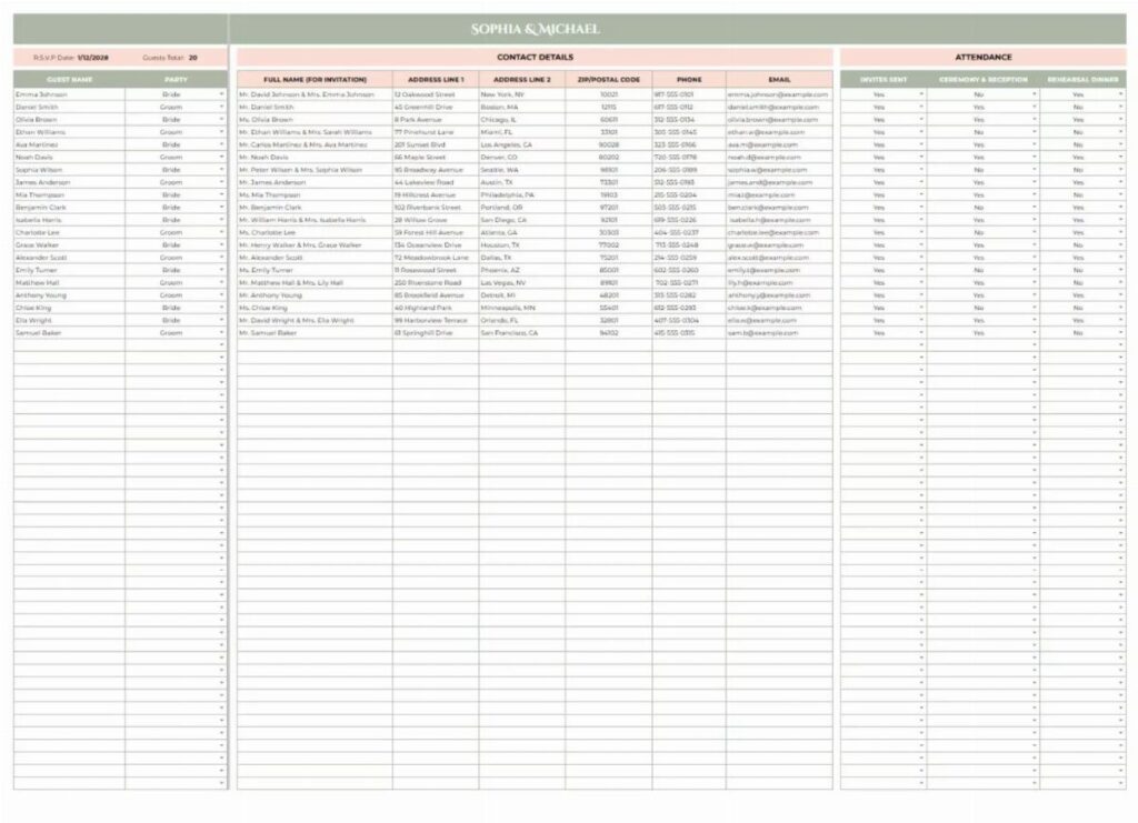 Wedding guest list spreadsheet with columns for contact details and attendance tracking.