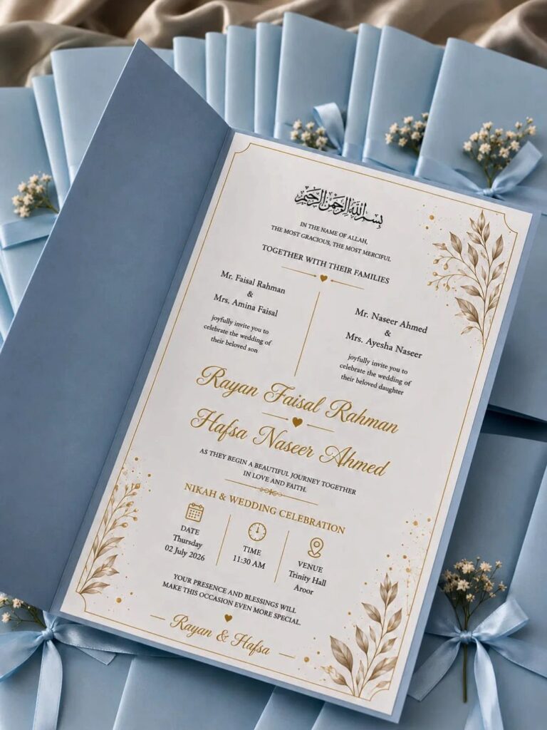 Light blue wedding invitations with gold calligraphy and small white baby's breath flowers.
