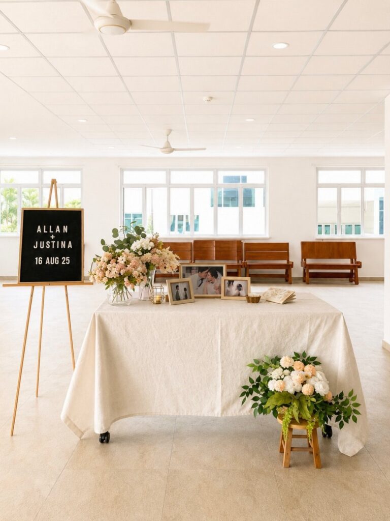 Wedding registration table with white tablecloth, floral bouquets, framed photos, and a chalkboard sign.